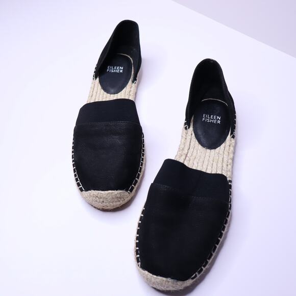 EILEEN FISHER Lady Tumbled Nubuck Espadrille Flats Black Open Sides Women's 9 - Picture 2 of 9